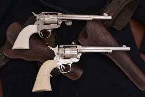 The same can be said for the 7-1/2 inch Colt Peacemaker, the gun at top is a real engraved .45 Colt. 