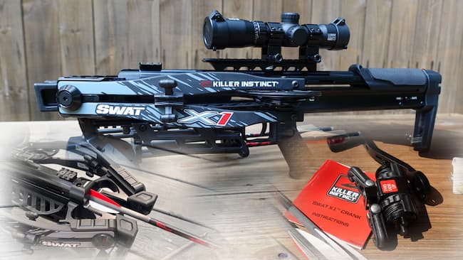killer instinct swat crossbow with cranking device and bolt inserted