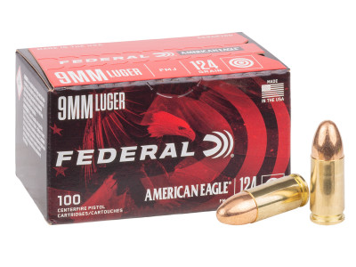 Federal 9mm Luger American Eagle Handgun FMJ, 124gr, 100ct
